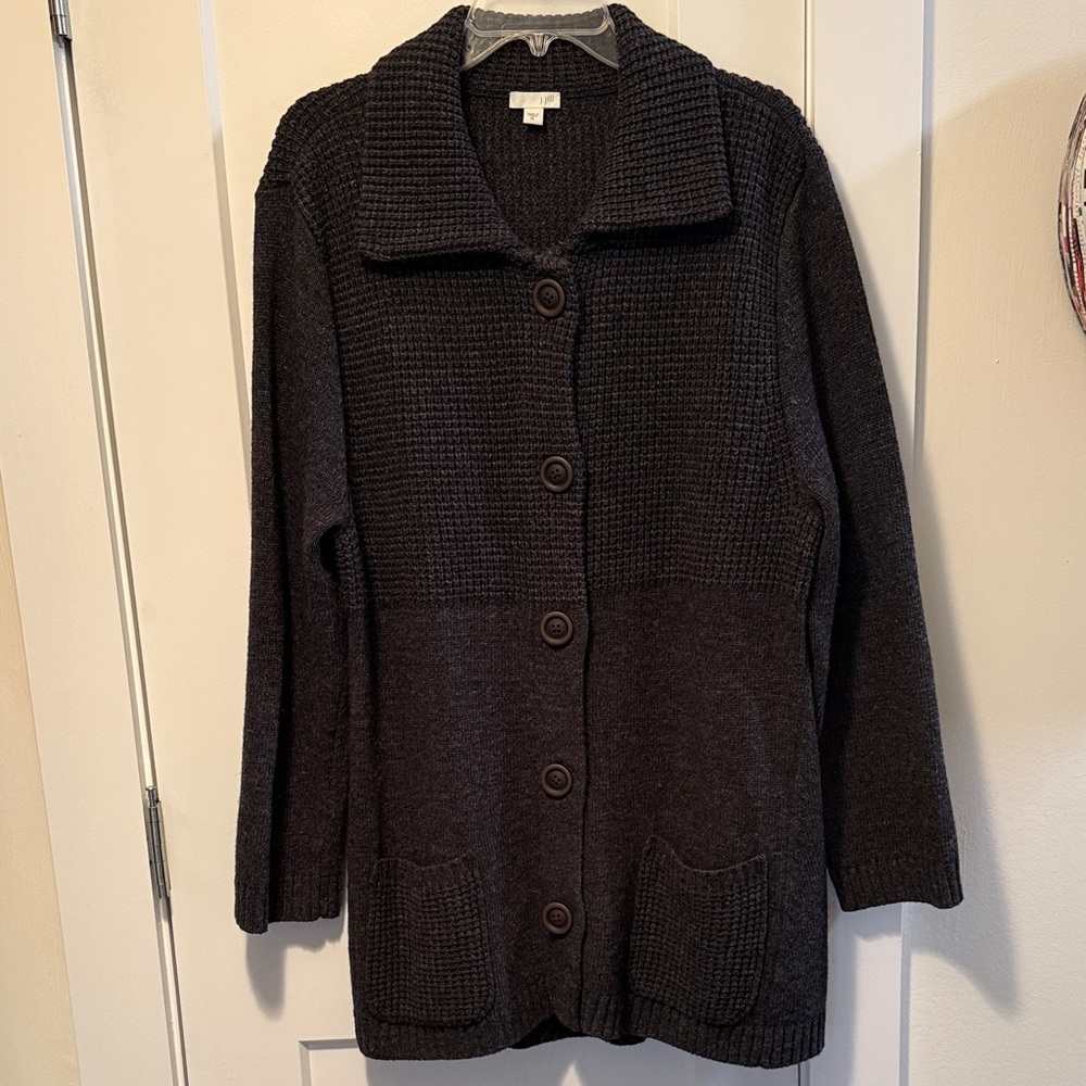 J. Jill Women's Waffle Charcoal Button-Up Cardigan Size XL